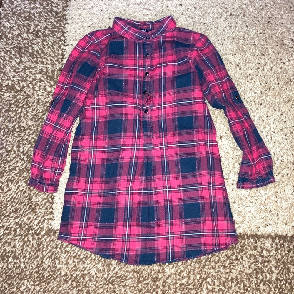 Okaidi red and black plaid dress with snap buttons. Missing the belt.